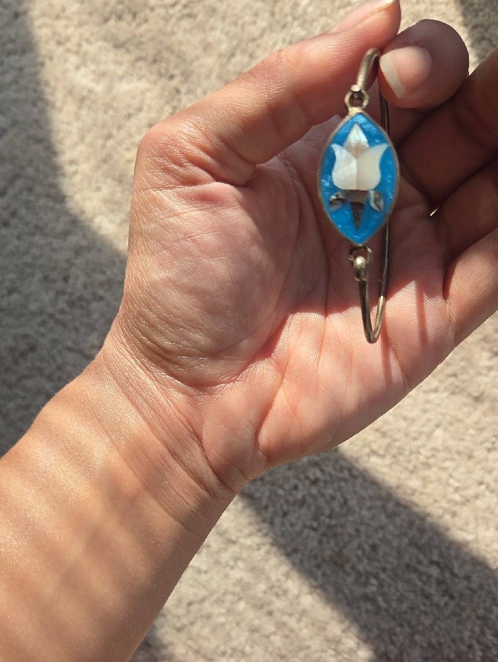 Vintage Mexico Alpaca Sterling Silver Blue Enamel Floral MOP Bracelet